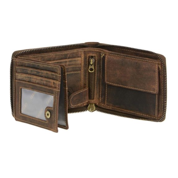 Bőr pénztárca körbe cipzáros 13x10cm Vintage antik barna
