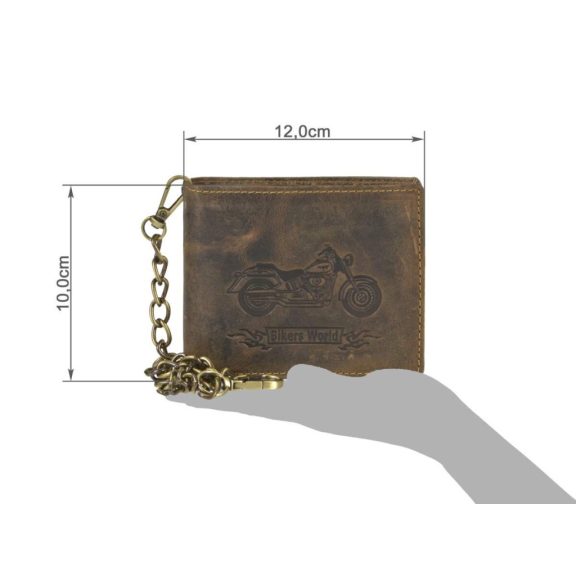 Bőr láncos pénztárca-irattartó motoros mintával fekvő 10x12cm Vintage barna