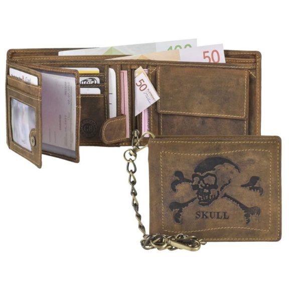 Bőr láncos pénztárca-irattartó halálfej mintával fekvő 10x12cm Vintage barna