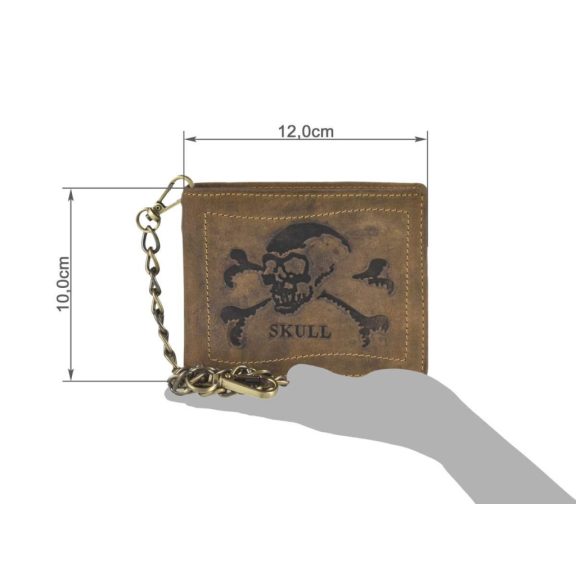 Bőr láncos pénztárca-irattartó halálfej mintával fekvő 10x12cm Vintage barna
