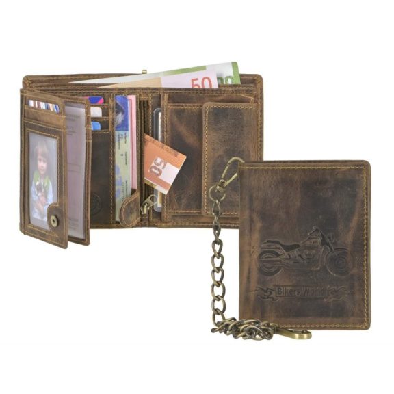 Bőr láncos pénztárca-irattartó motoros mintával álló 10x12,5cm Vintage barna Bőr láncos pénztárca-irattartó motoros mintával álló 10x12,5cm Vintage barna