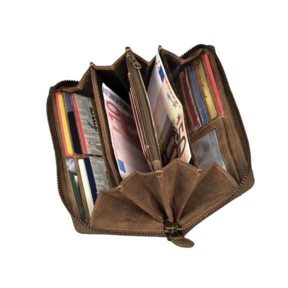 Bőr pénztárca 19x10cm cipzárral és 14 kártyanyílással Vintage antik barna Bőr pénztárca 19x10cm cipzárral és 14 kártyanyílással Vintage antik barna
