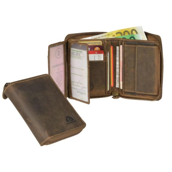 Bőr pénztárca körbe cipzárral 10x13cm Vintage antik barna