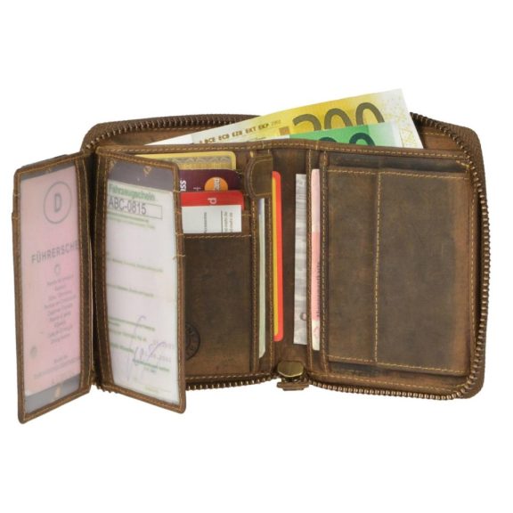 Bőr pénztárca körbe cipzárral 10x13cm Vintage antik barna