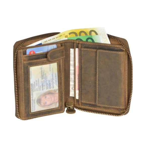 Bőr pénztárca körbe cipzárral 10x13cm Vintage antik barna