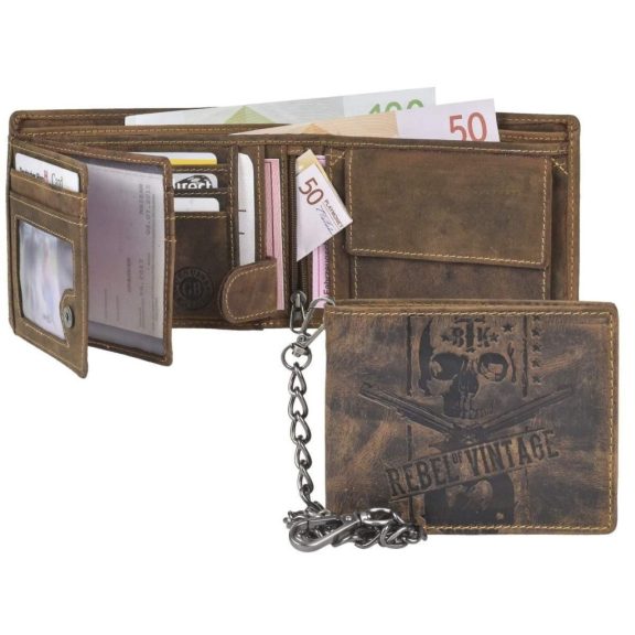 Bőr láncos pénztárca-irattartó halálfej mintával fekvő 12x10cm Vintage barna Bőr láncos pénztárca-irattartó halálfej mintával fekvő 12x10cm Vintage barna