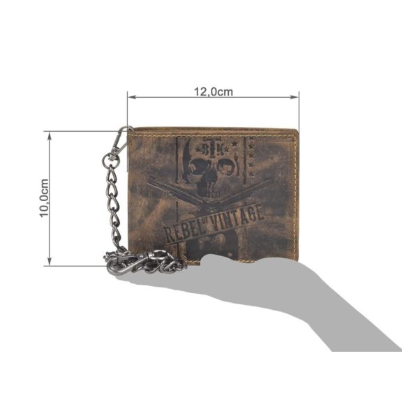 Bőr láncos pénztárca-irattartó halálfej mintával fekvő 12x10cm Vintage barna Bőr láncos pénztárca-irattartó halálfej mintával fekvő 12x10cm Vintage barna